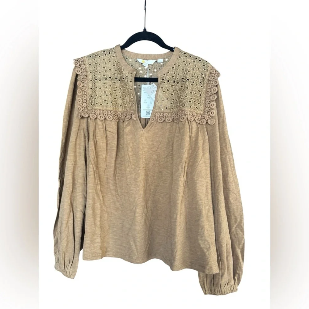 NWT Boden Notch Neck Woven Mix Top Camel Prarie Beige Taupe Eyelet Collar 20/22